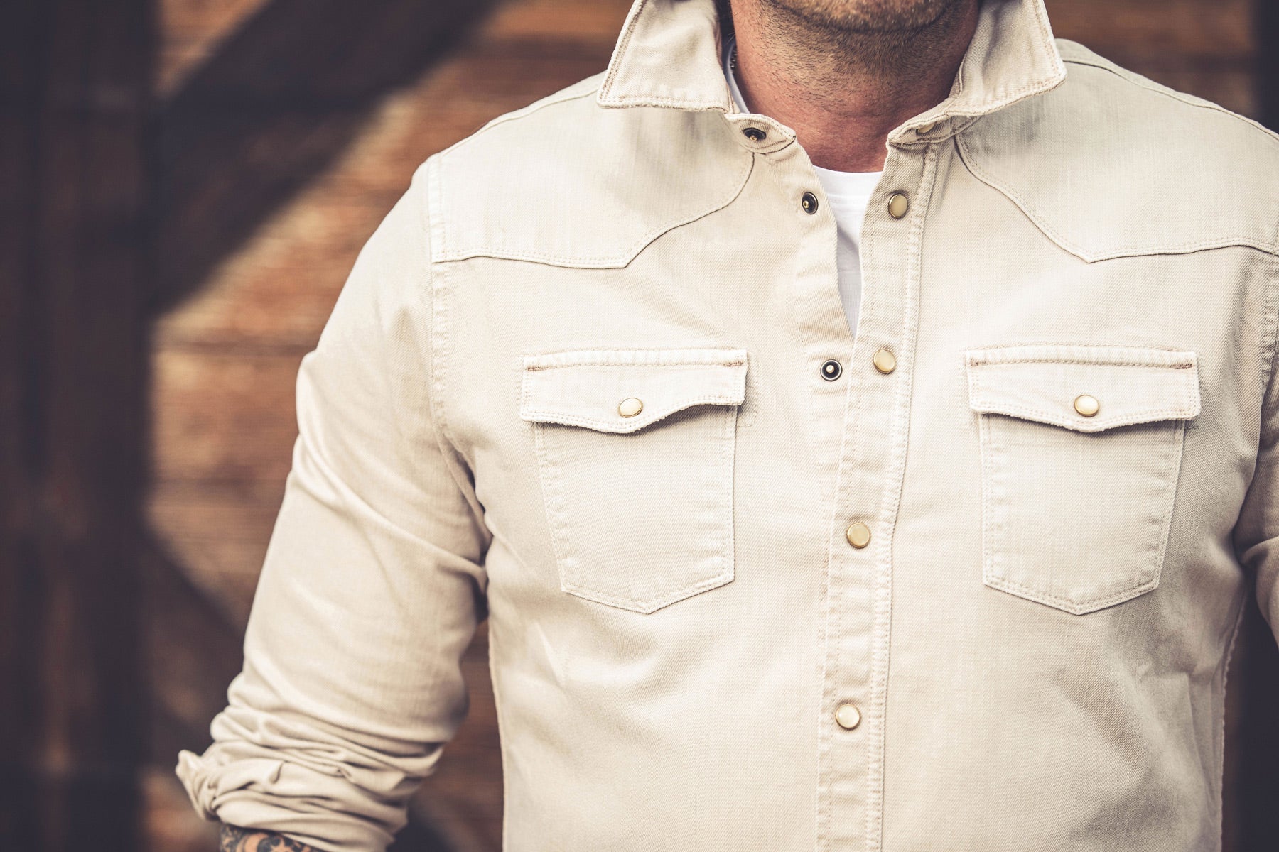 Ranger Colored Denim Snap Shirt In Ecru