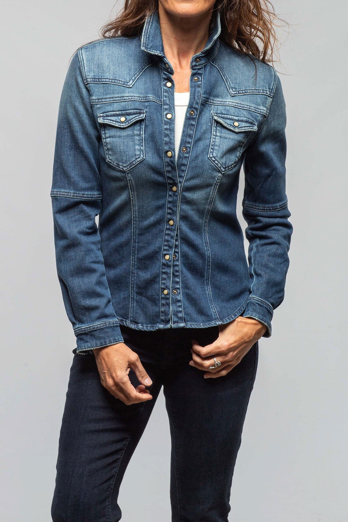 Axel's Premium Denim Maddi Fitted Western Shirt In Mid Dark Blue | Ladies - Snap Shirts