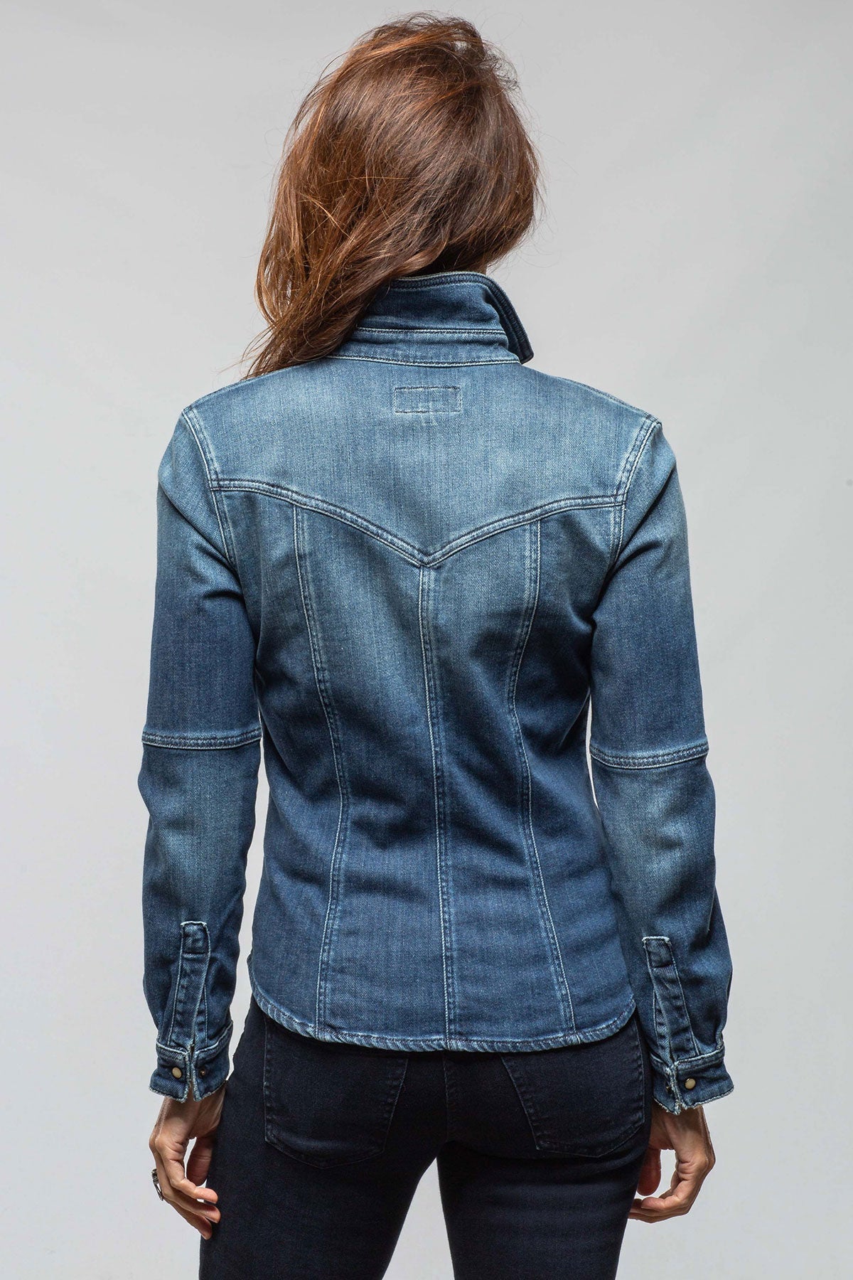 Axel's Premium Denim Maddi Fitted Western Shirt In Mid Dark Blue | Ladies - Snap Shirts