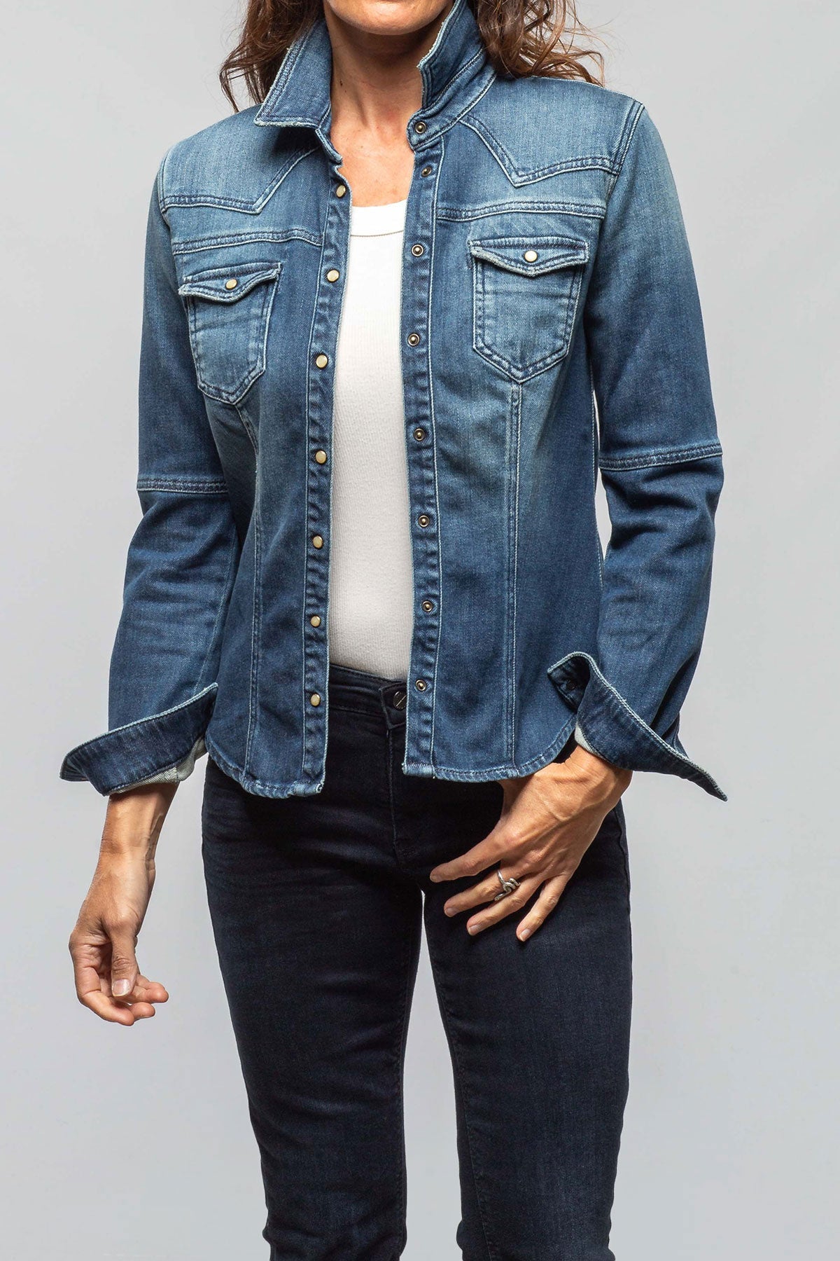 Axel's Premium Denim Maddi Fitted Western Shirt In Mid Dark Blue | Ladies - Snap Shirts
