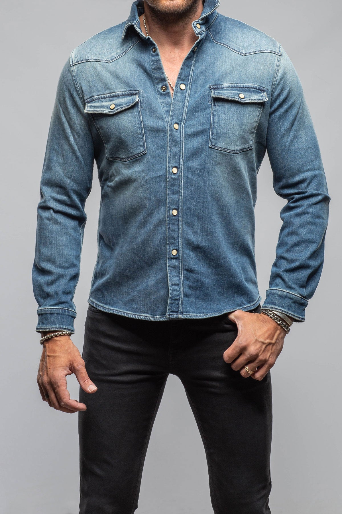 Roper Over-Dyed Western Snap Shirt In Mid Blue