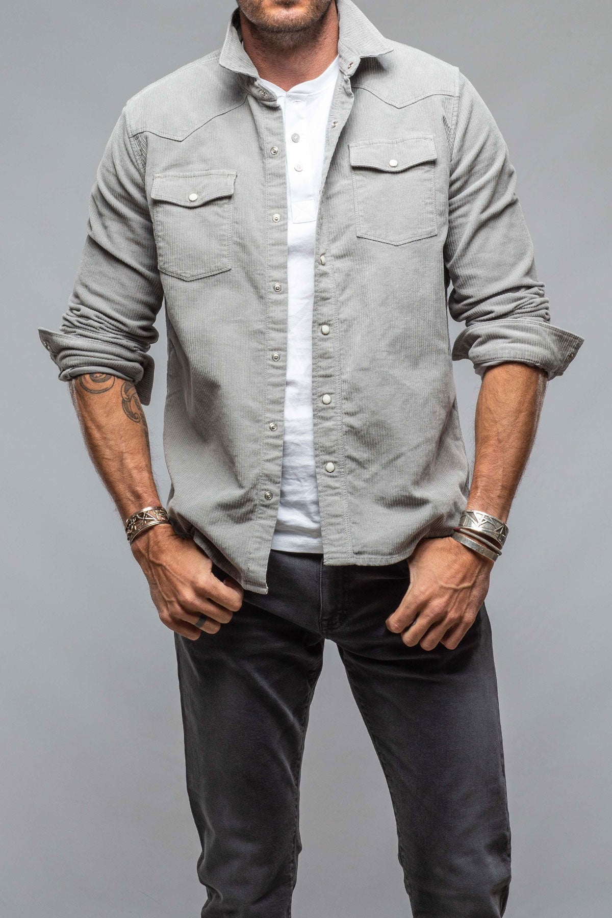 Axel's Premium Denim | Brooks Corduroy Snap Shirt In Cenere | Mens - Snap Shirts