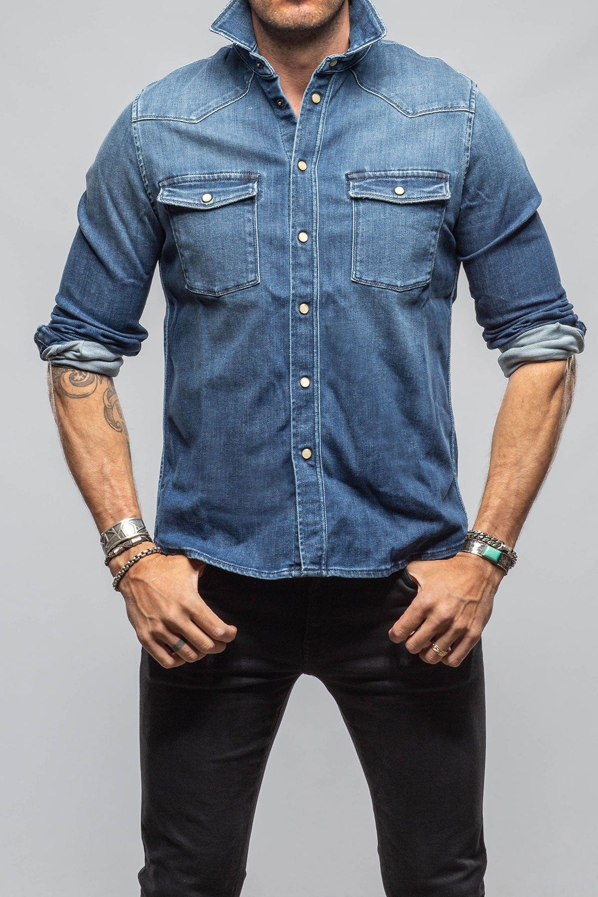 Roper Over-Dyed Western Snap Shirt In Medium Dark Blue - AXEL'S