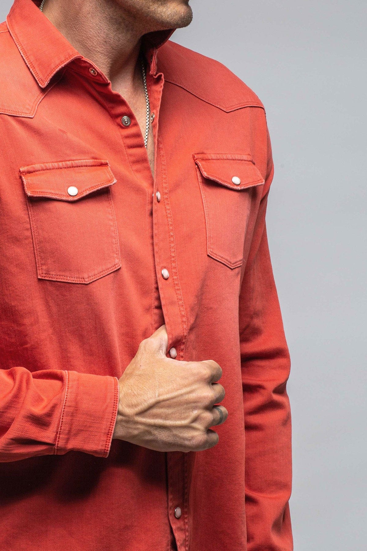 Axel's Premium Denim Ranger Colored Denim Snap Shirt In Corallo | Unclassified