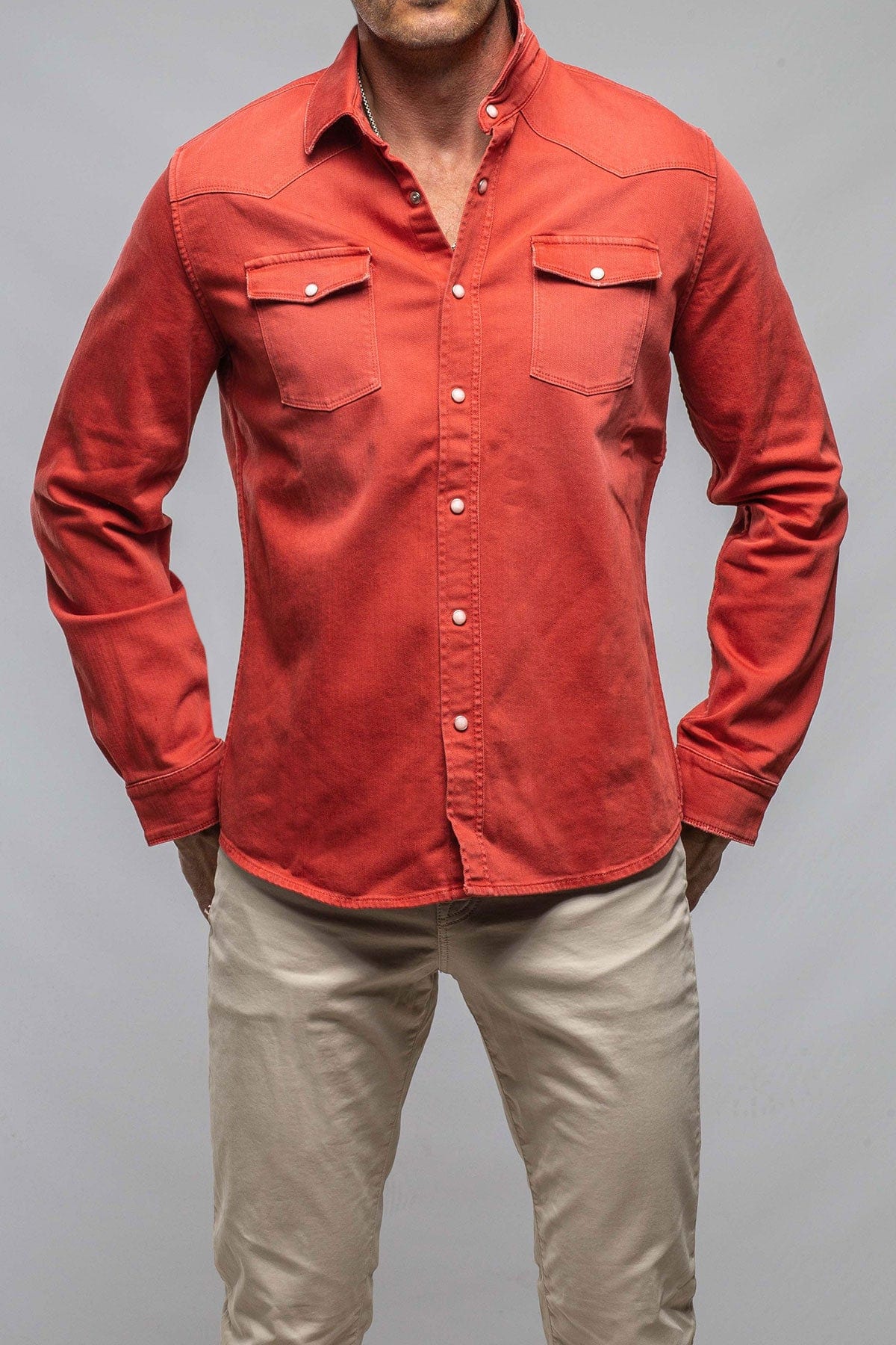 Axel's Premium Denim Ranger Colored Denim Snap Shirt In Corallo | Unclassified