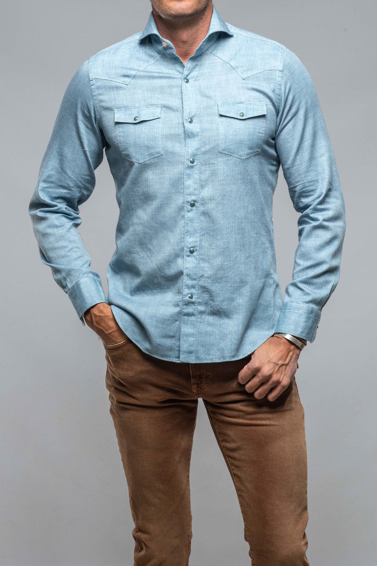 Giannetto Portofino | Wyatt Western Snap Shirt In Light Blue | Mens - Shirts - Outpost