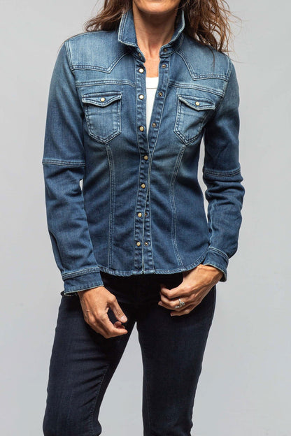 Axel's Premium Denim Maddi Fitted Western Shirt In Mid Dark Blue | Ladies - Snap Shirts