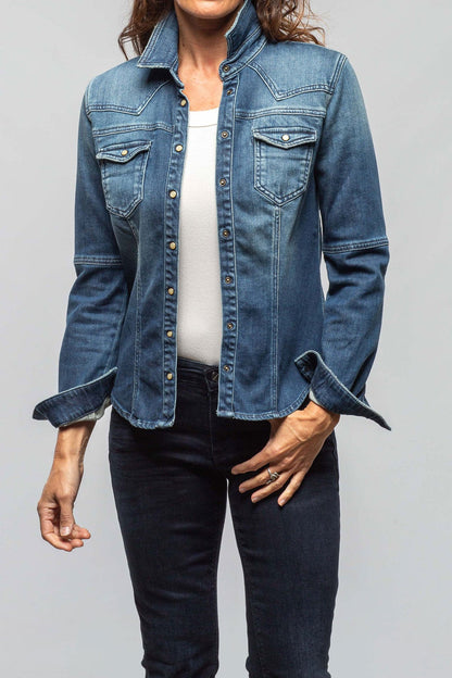 Axel's Premium Denim Maddi Fitted Western Shirt In Mid Dark Blue | Ladies - Snap Shirts