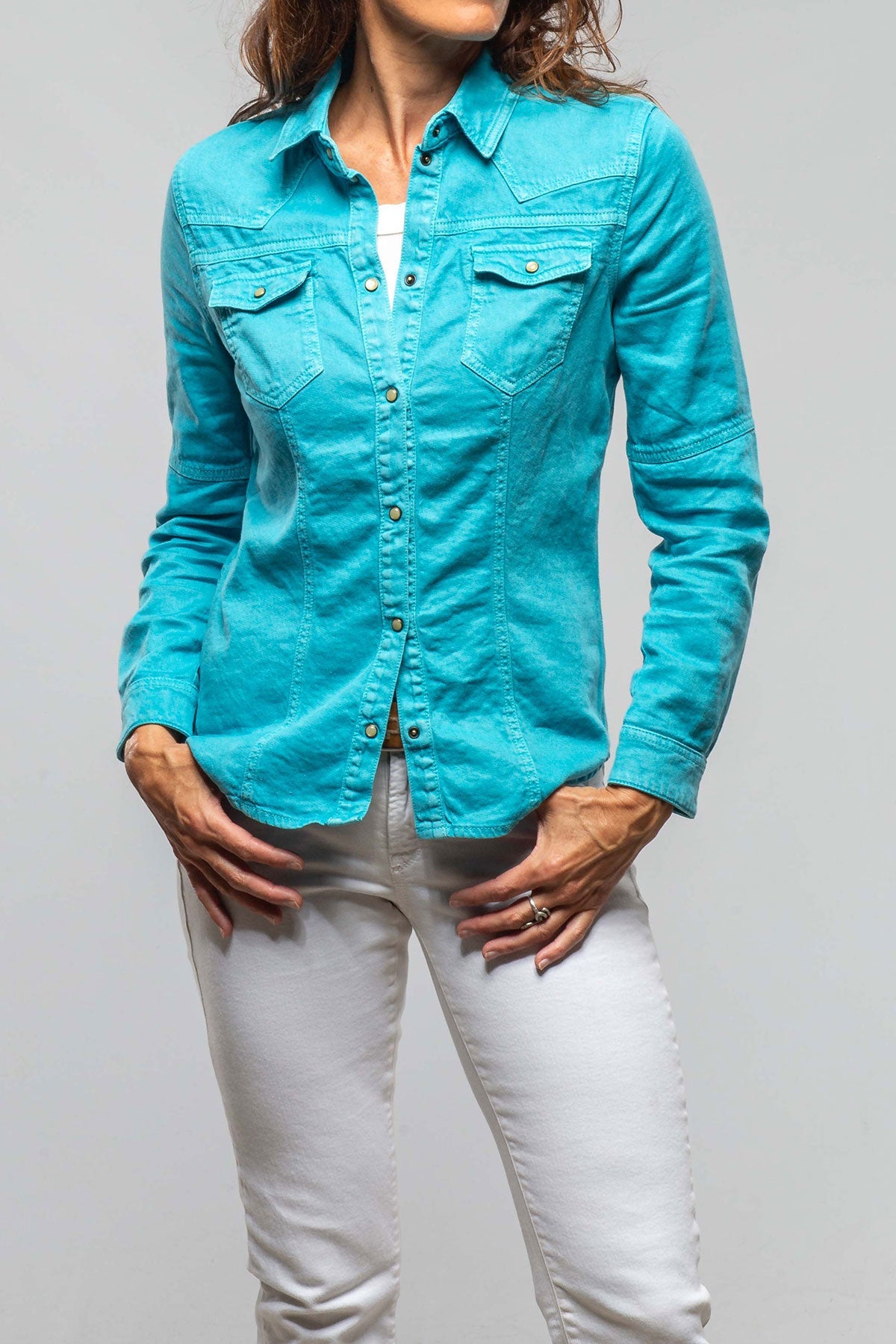Yarmony Linen-Cotton Snap Shirt In Turquoise - AXEL'S