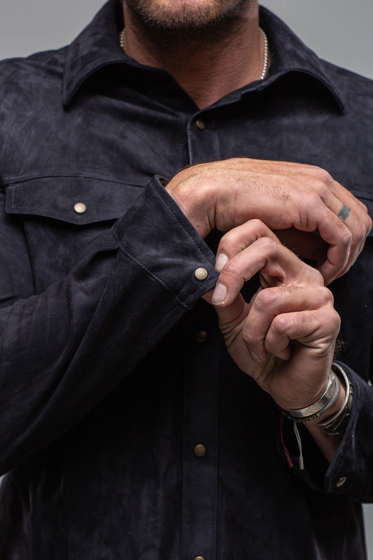 AjMone | Barron Suede Shirt in Navy | Mens - Outerwear - Leather 