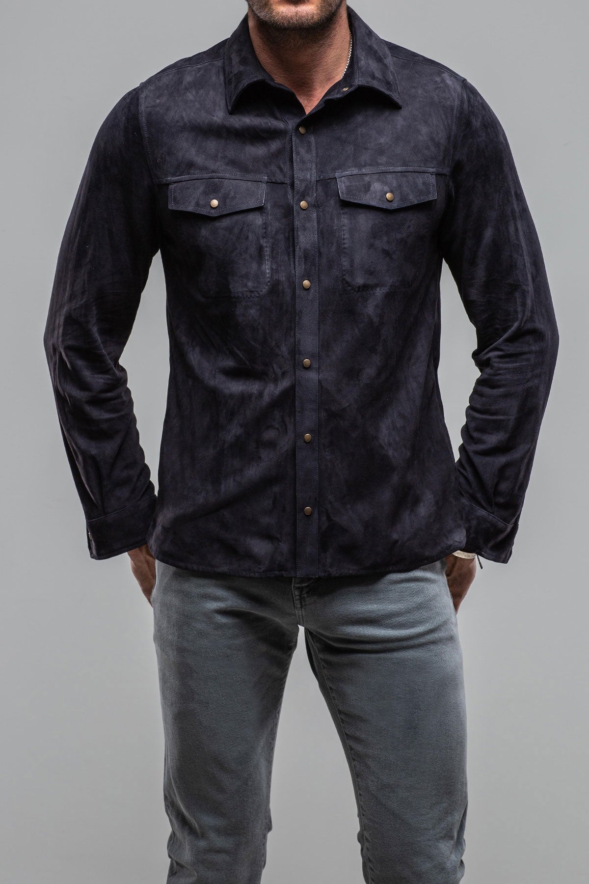 AjMone | Barron Suede Shirt in Navy | Mens - Outerwear - Leather 