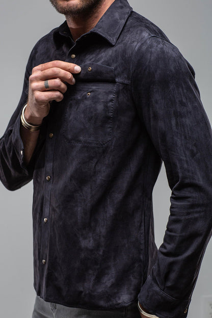 AjMone | Barron Suede Shirt in Navy | Mens - Outerwear - Leather 