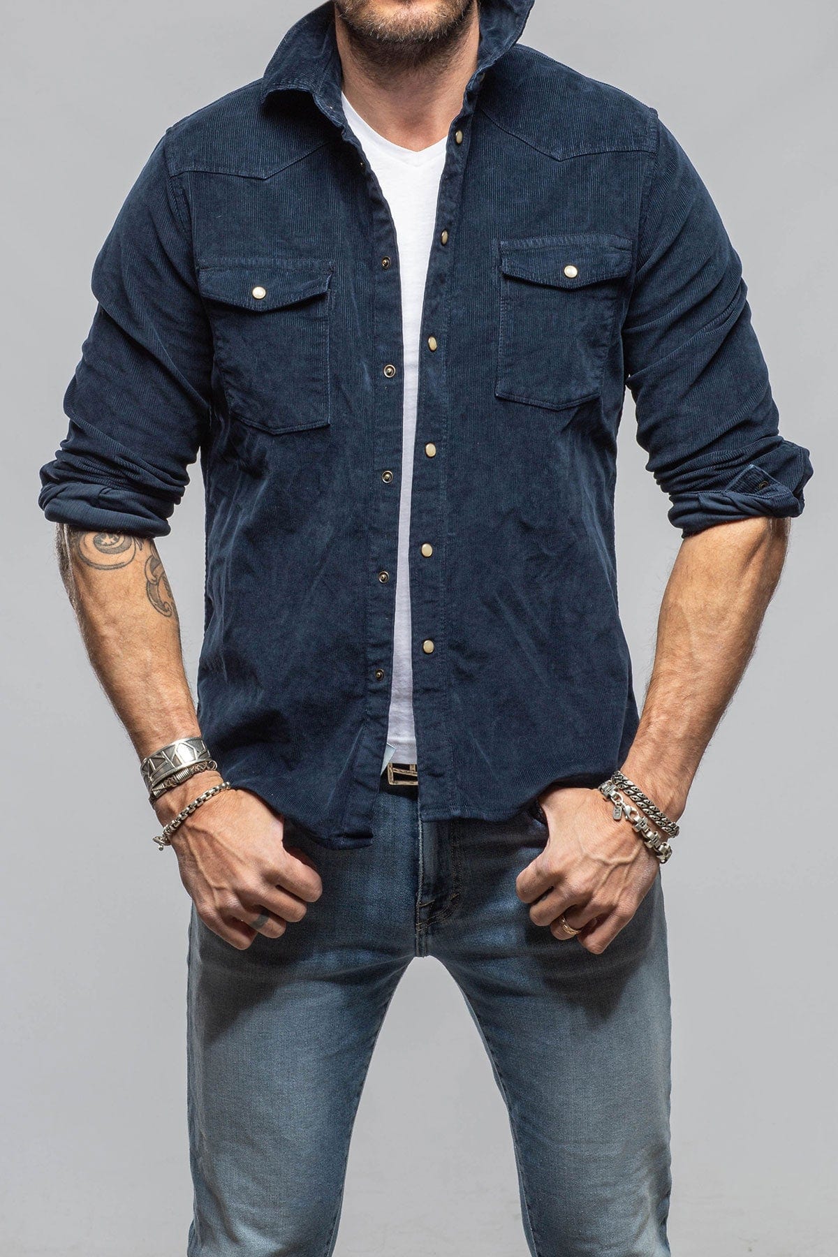 Prime Western Corduroy Snap Shirt In Navy - AXEL'S