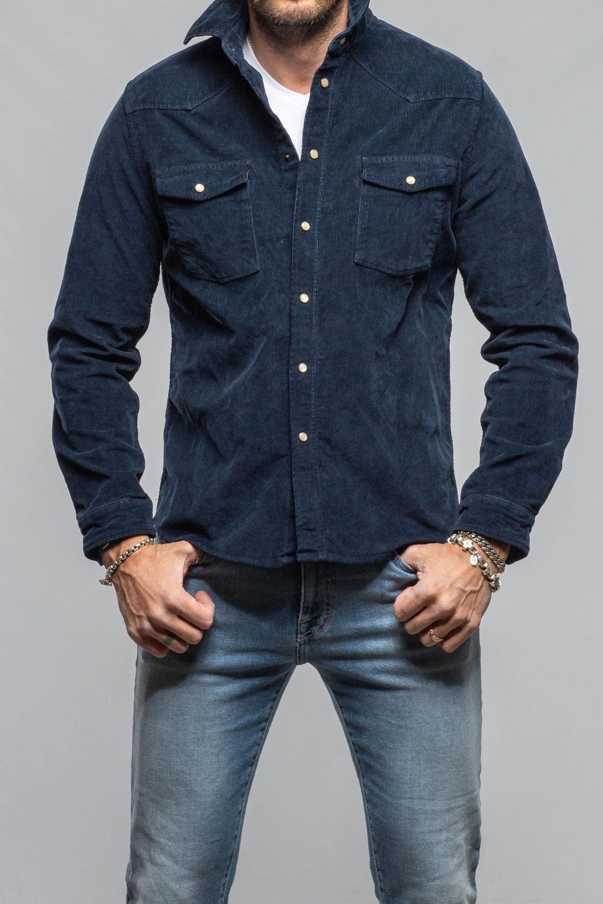 Prime Western Corduroy Snap Shirt In Navy - AXEL'S