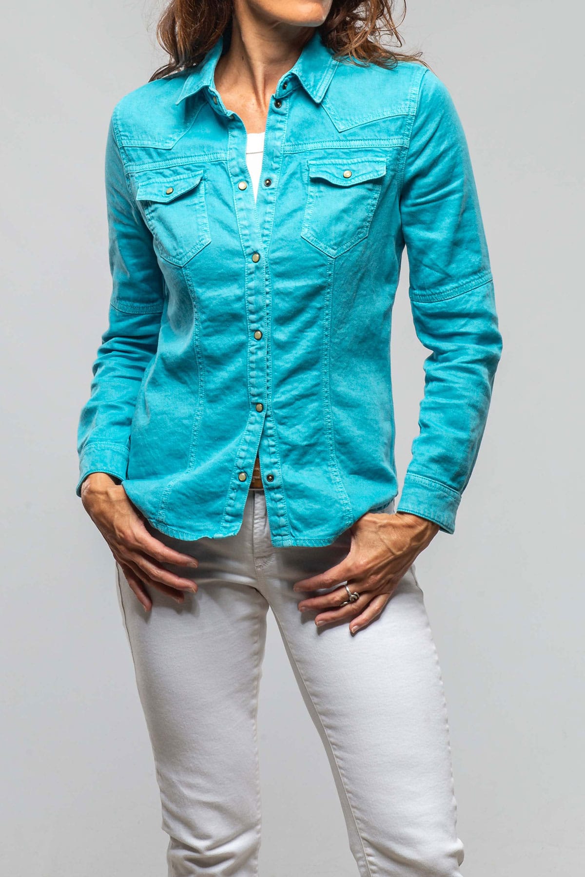 Yarmony Linen-Cotton Snap Shirt In Turquoise - AXEL'S