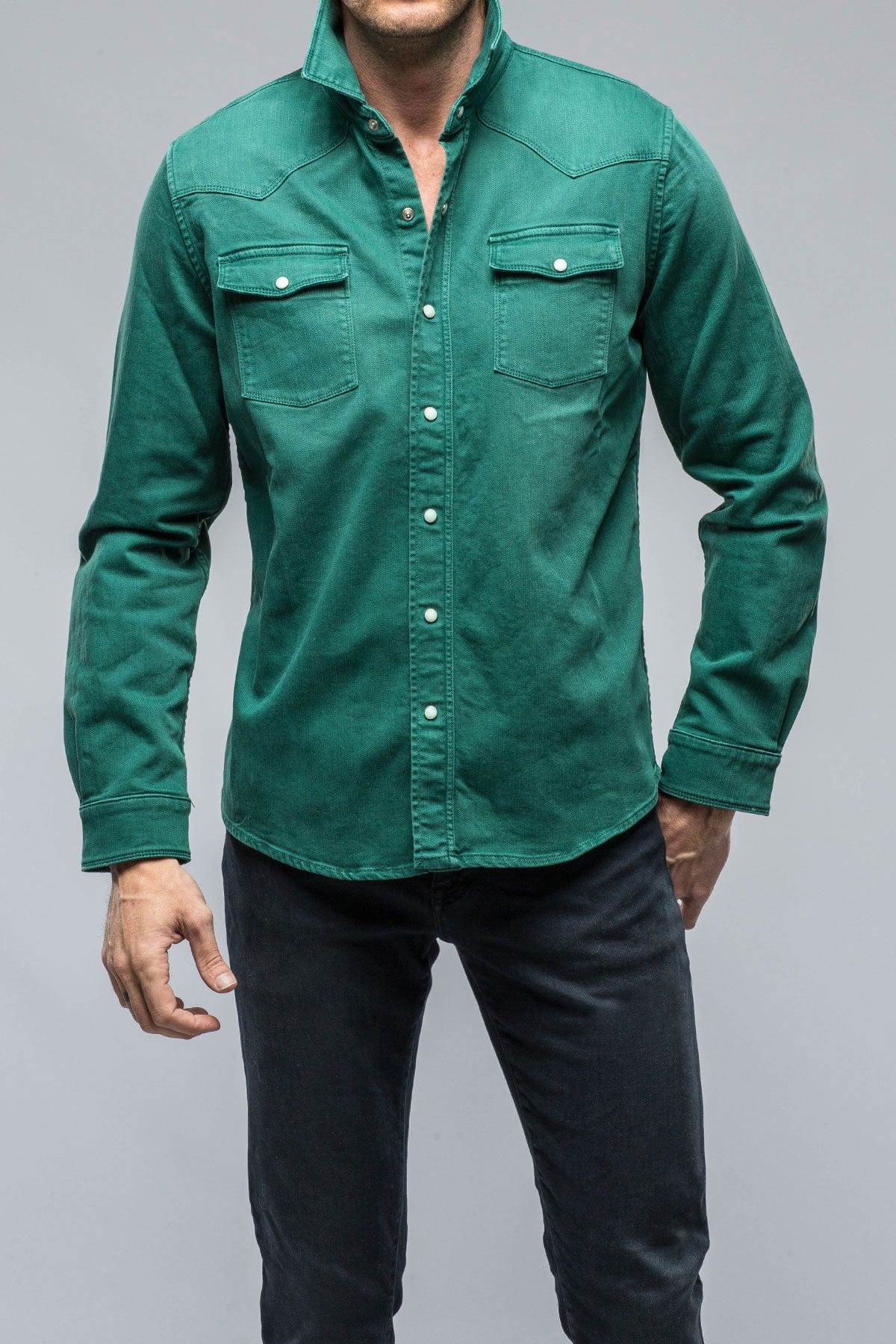 Ranger Colored Denim Snap Shirt In Green - AXEL'S