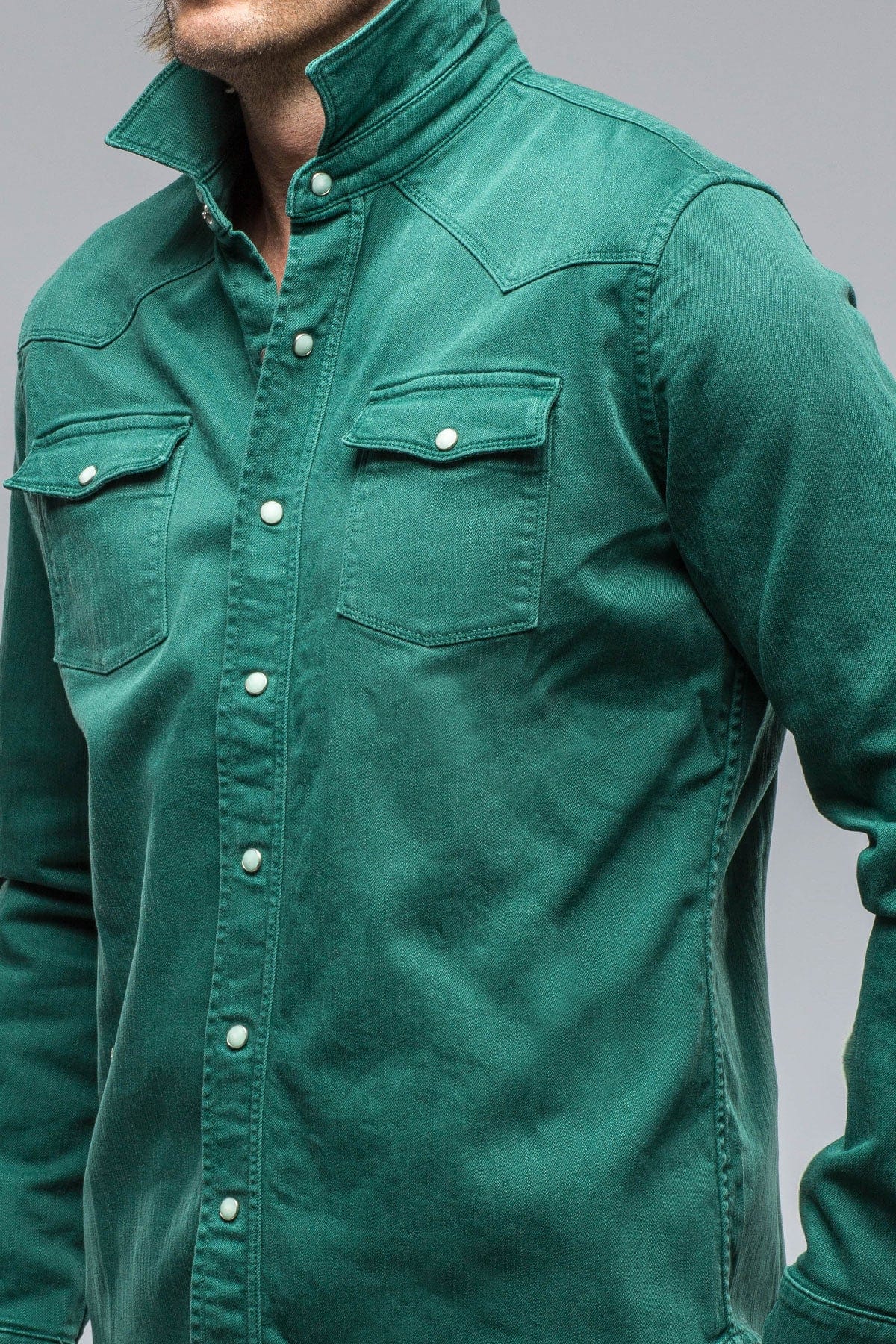 Ranger Colored Denim Snap Shirt In Green - AXEL'S