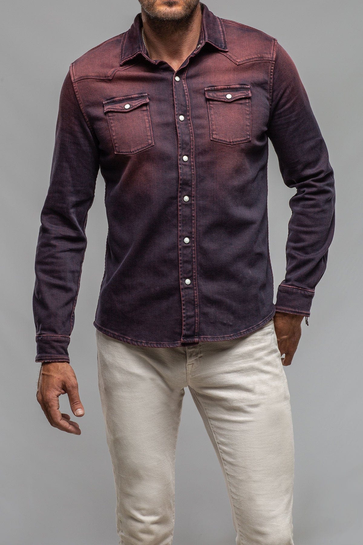 Axel's Premium Denim Roper Over-Dyed Western Snap Shirt In Bordeaux | Mens - Snap Shirts