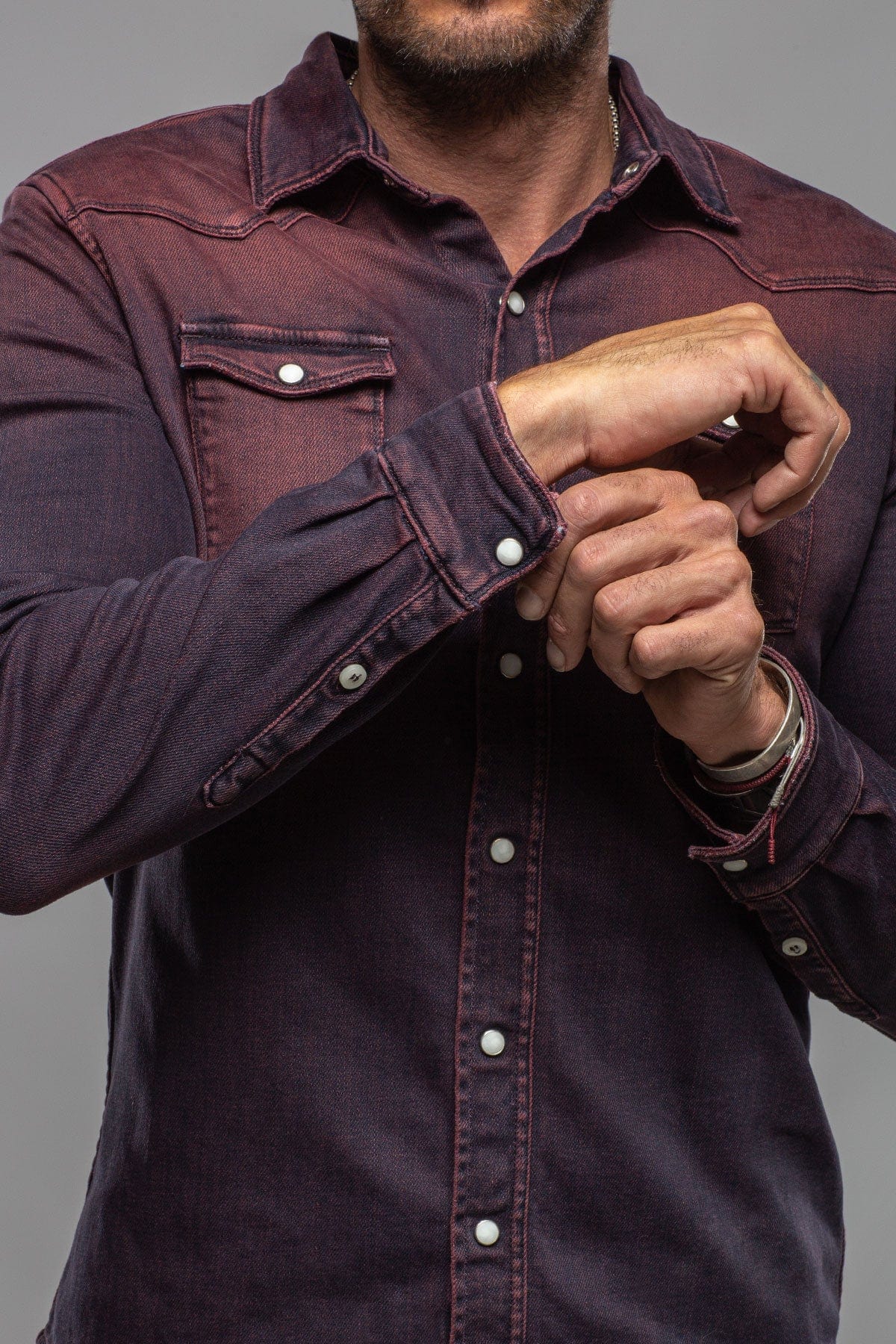 Axel's Premium Denim Roper Over-Dyed Western Snap Shirt In Bordeaux | Mens - Snap Shirts